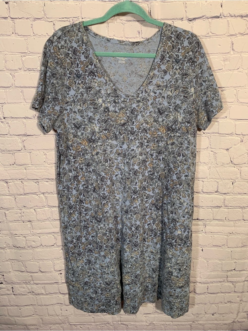 PureJill Womens Soft V-Neck T-Shirt Dress Blue Floral Sz L Cotton Ruffle Casual